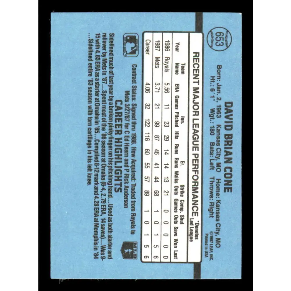 1988 Donruss #653 David Cone EX New York Mets Baseball Card Image 2