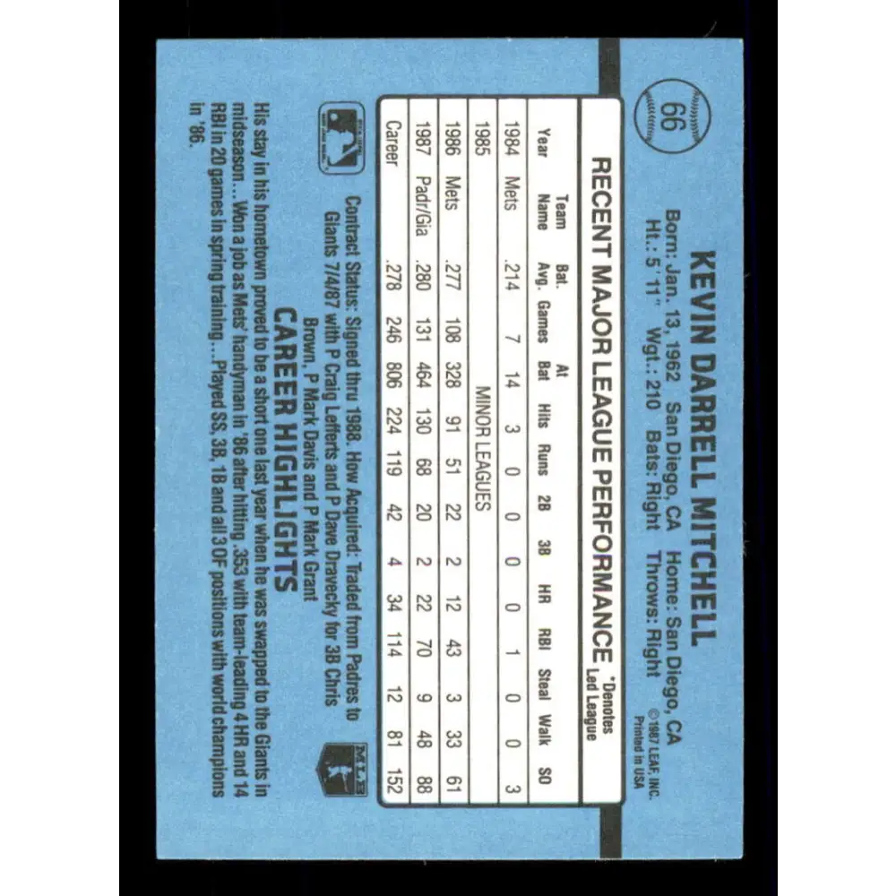 1988 Donruss #66 Kevin Mitchell EX San Francisco Giants Baseball Card Image 2