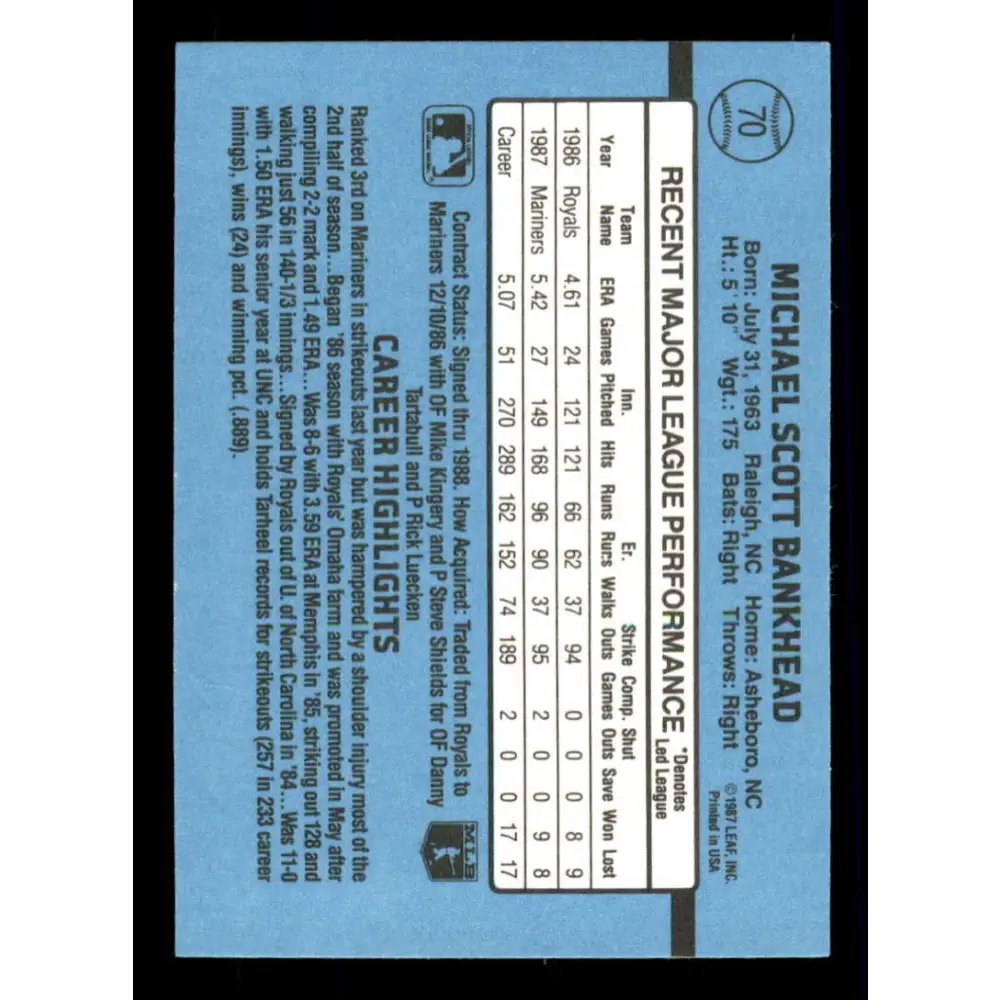 1988 Donruss #70 Scott Bankhead EX Seattle Mariners Baseball Card Image 2