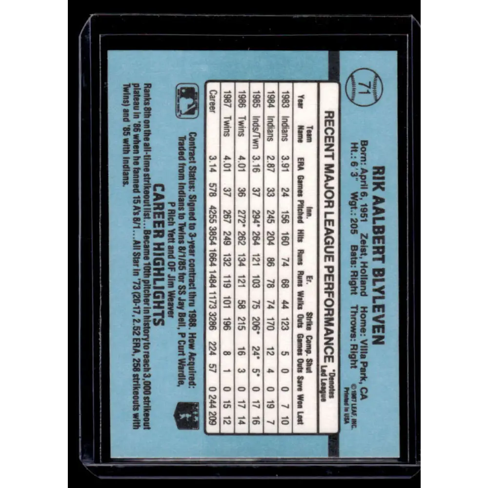 1988 Donruss #71 Bert Blyleven Minnesota Twins NM-MT Baseball Card Image 2