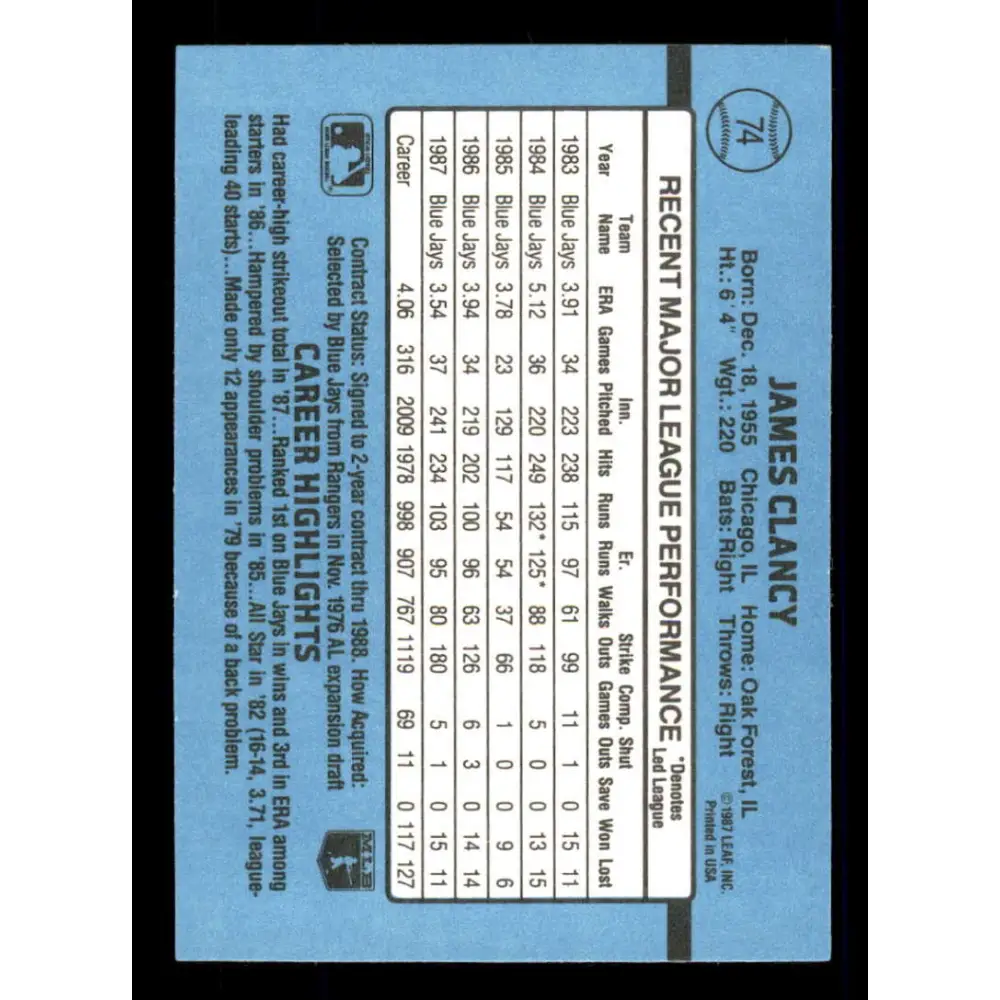 1988 Donruss #74 Jim Clancy EX Toronto Blue Jays Baseball Card Image 2