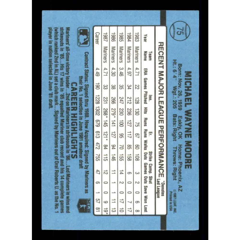1988 Donruss #75 Mike Moore EX Seattle Mariners Baseball Card Image 2