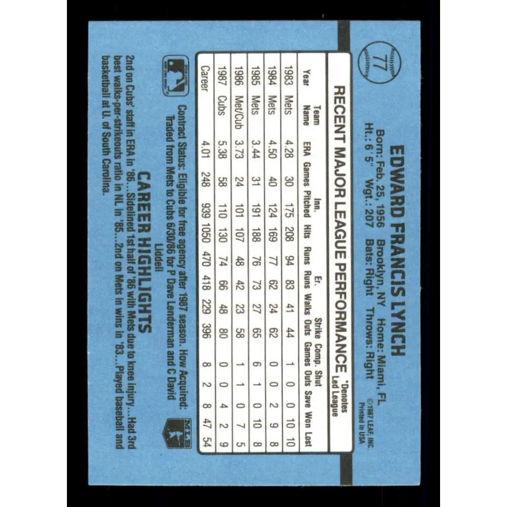 1988 Donruss #77 Ed Lynch EX Chicago Cubs Baseball Card Image 2