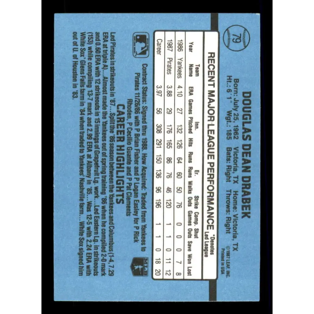 1988 Donruss #79 Doug Drabek EX Pittsburgh Pirates Baseball Card Image 2