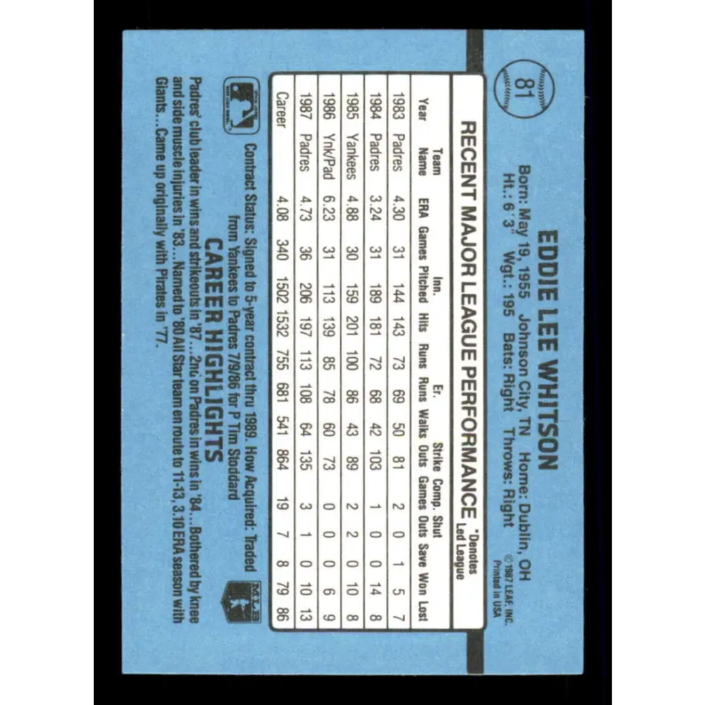 1988 Donruss #81 Ed Whitson EX San Diego Padres Baseball Card Image 2