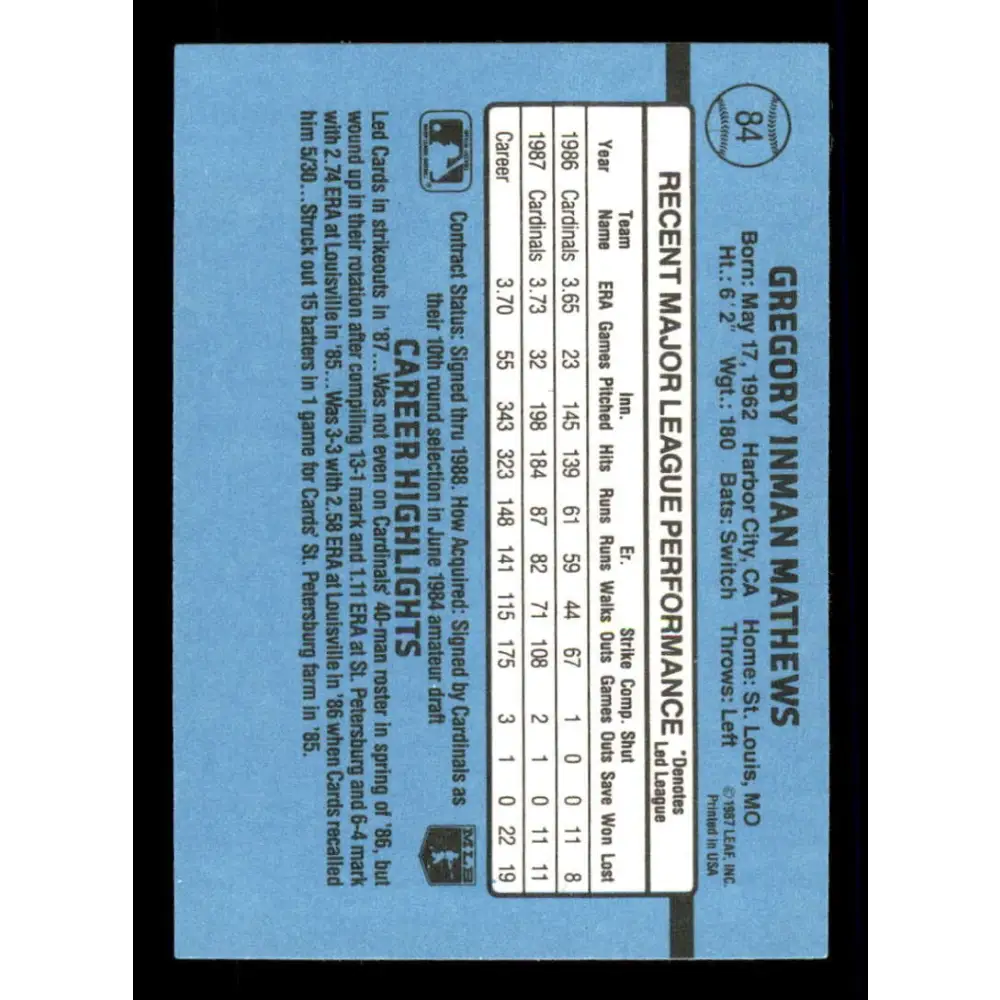 1988 Donruss #84 Greg Mathews EX St. Louis Cardinals Baseball Card Image 2
