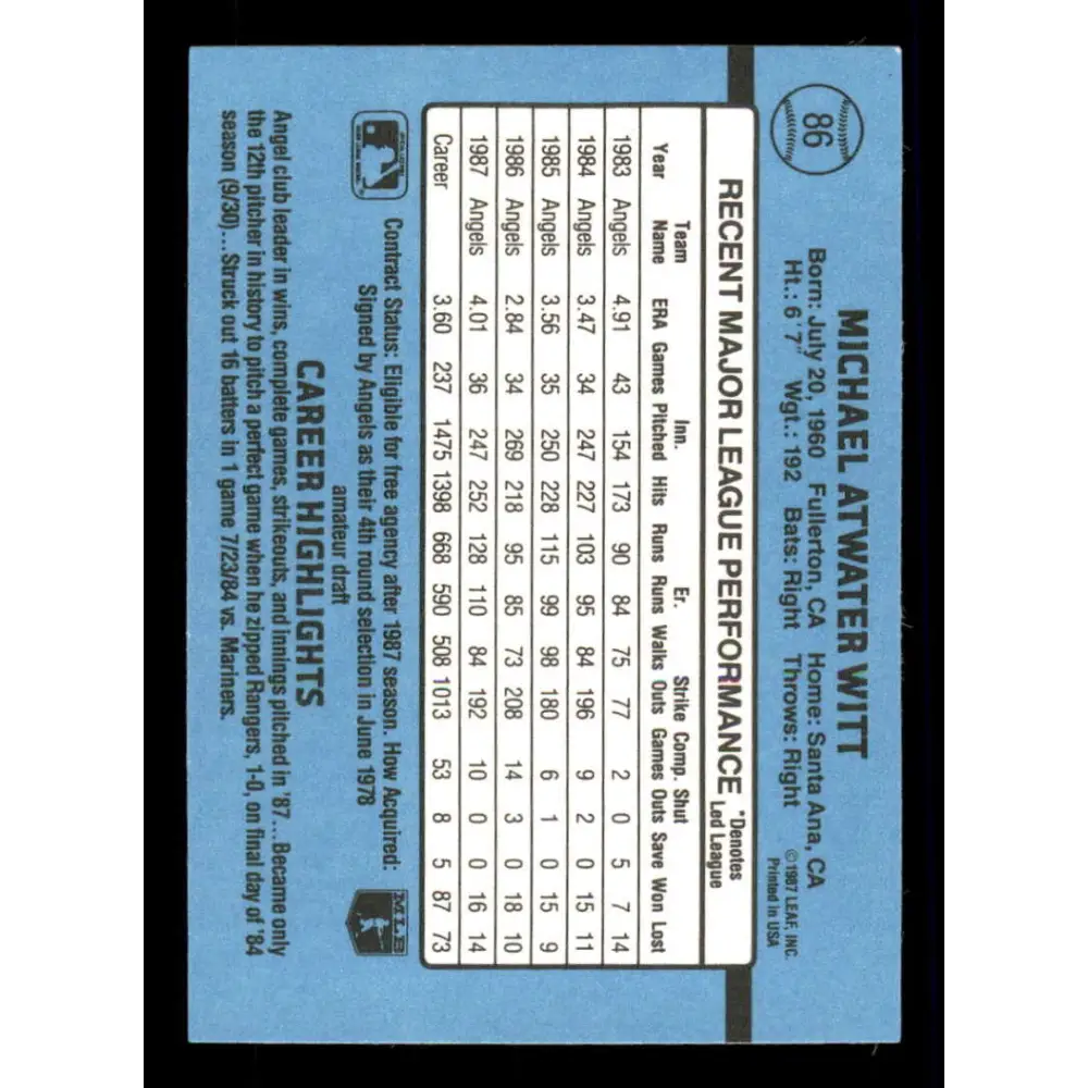 1988 Donruss #86 Mike Witt EX California Angels Baseball Card Image 2