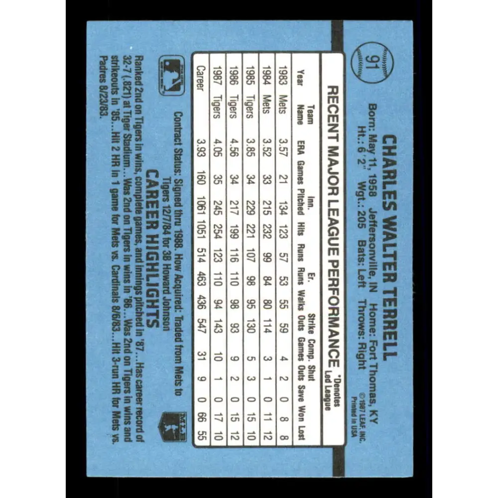 1988 Donruss #91 Walt Terrell EX Detroit Tigers Baseball Card Image 2