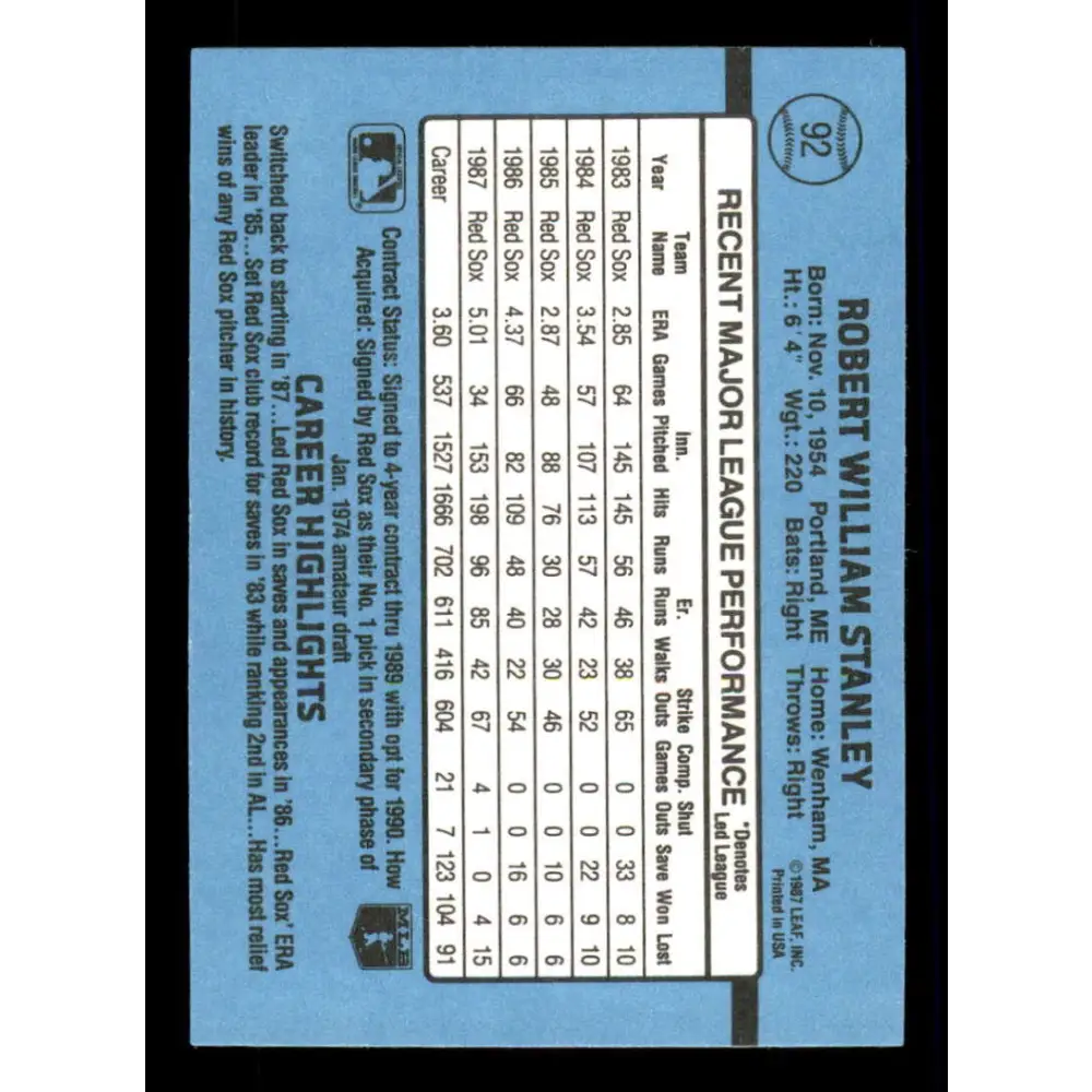1988 Donruss #92 Bob Stanley EX Boston Red Sox Baseball Card Image 2