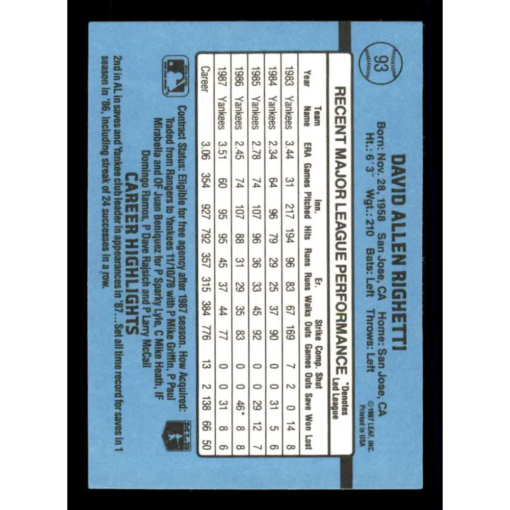 1988 Donruss #93 Dave Righetti EX New York Yankees Baseball Card Image 2