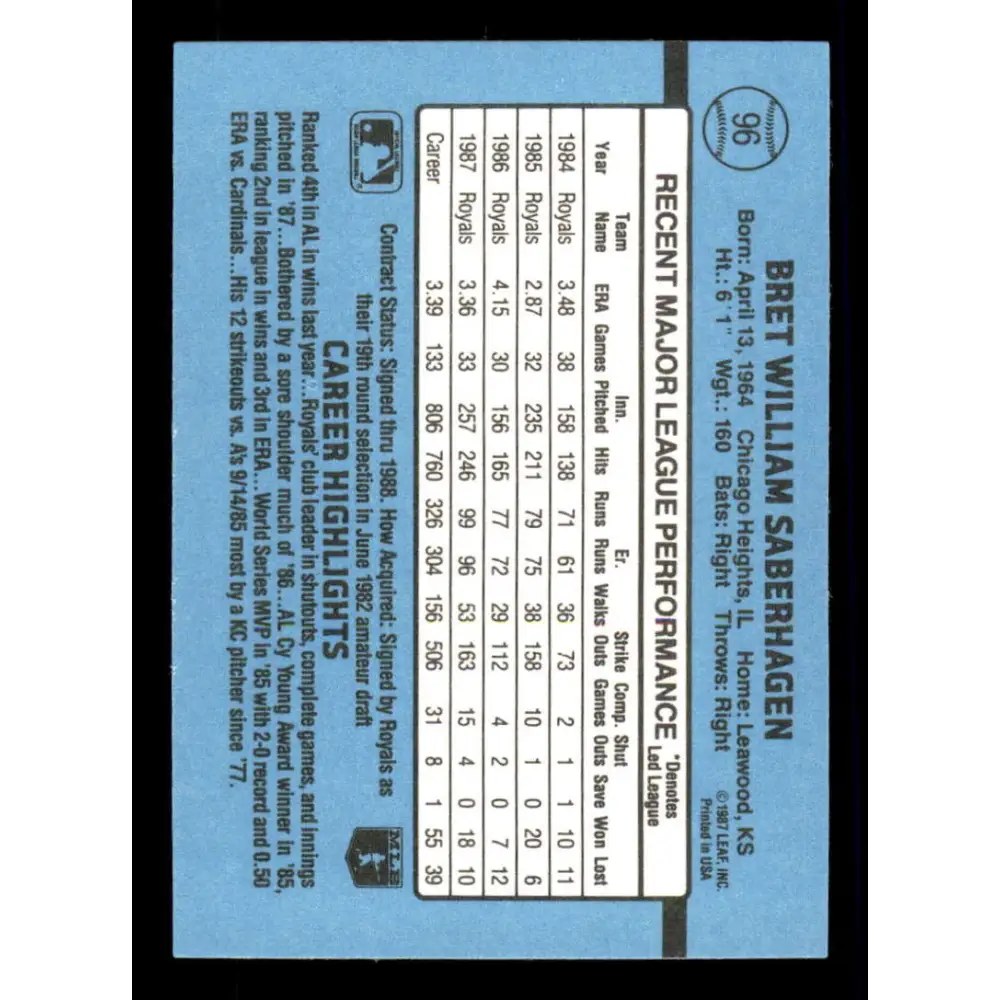 1988 Donruss #96 Bret Saberhagen EX Kansas City Royals Baseball Card Image 2