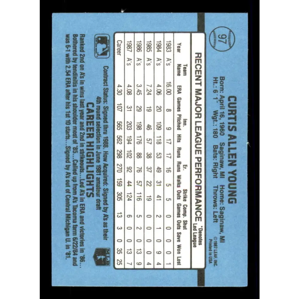 1988 Donruss #97 Curt Young EX Oakland Athletics Baseball Card Image 2