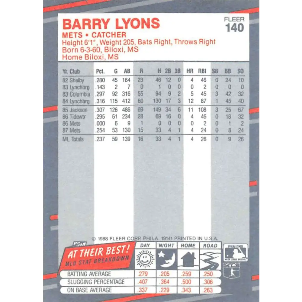 1988 Fleer #140 Barry Lyons EX Excellent RC Rookie New York Mets Baseball Card  Image 2