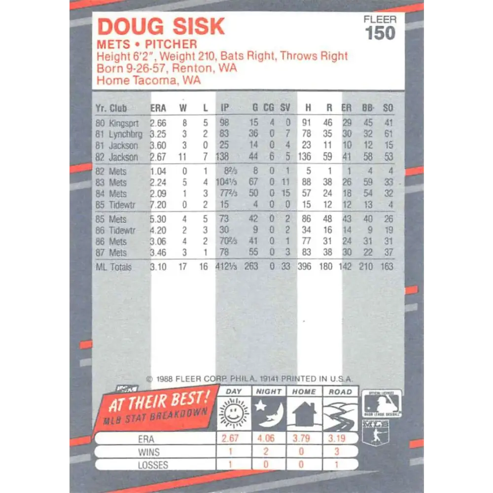 1988 Fleer #150 Doug Sisk EX Excellent New York Mets Baseball Card  Image 2