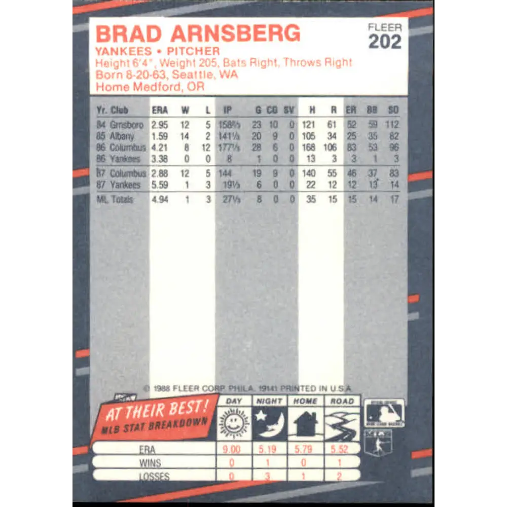 1988 Fleer #202 Brad Arnsberg EX Excellent RC Rookie New York Yankees Baseball Card  Image 2