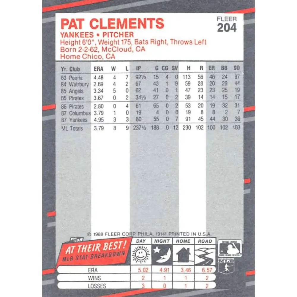 1988 Fleer #204 Pat Clements EX Excellent New York Yankees Baseball Card  Image 2