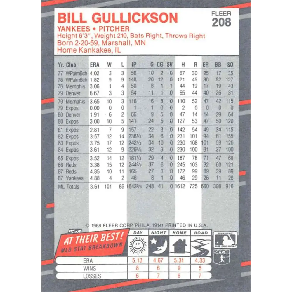 1988 Fleer #207 Ron Guidry EX Excellent New York Yankees Baseball Card  Image 2