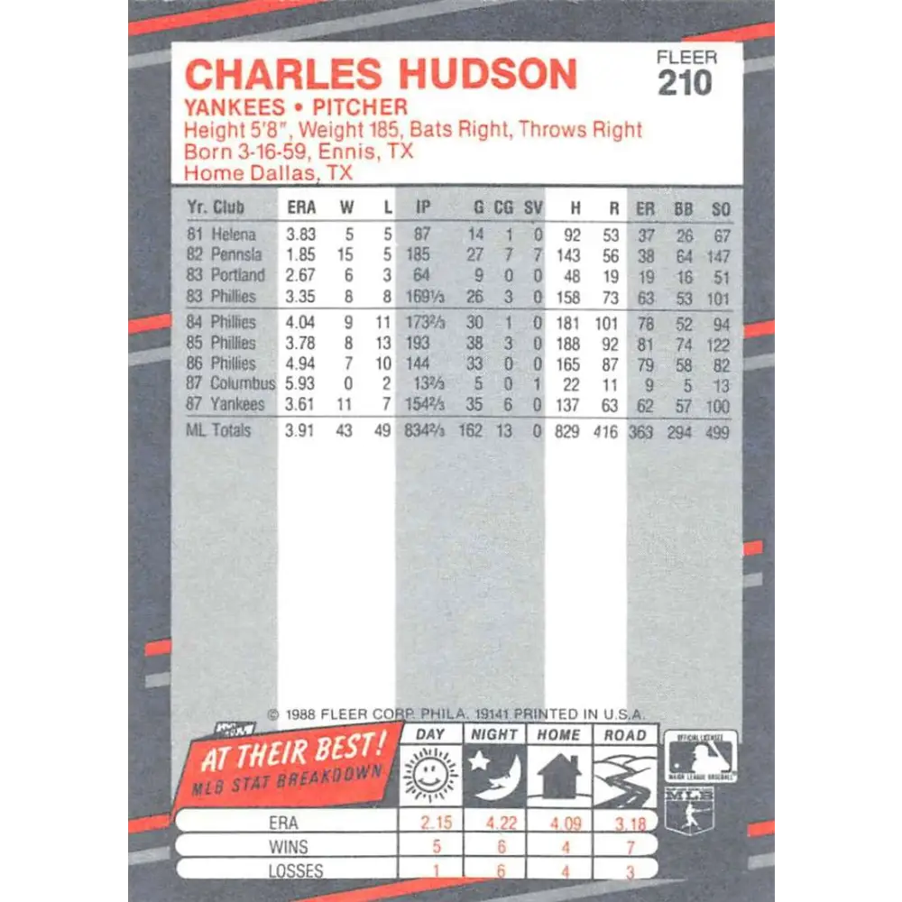 1988 Fleer #210 Charles Hudson EX Excellent New York Yankees Baseball Card  Image 2