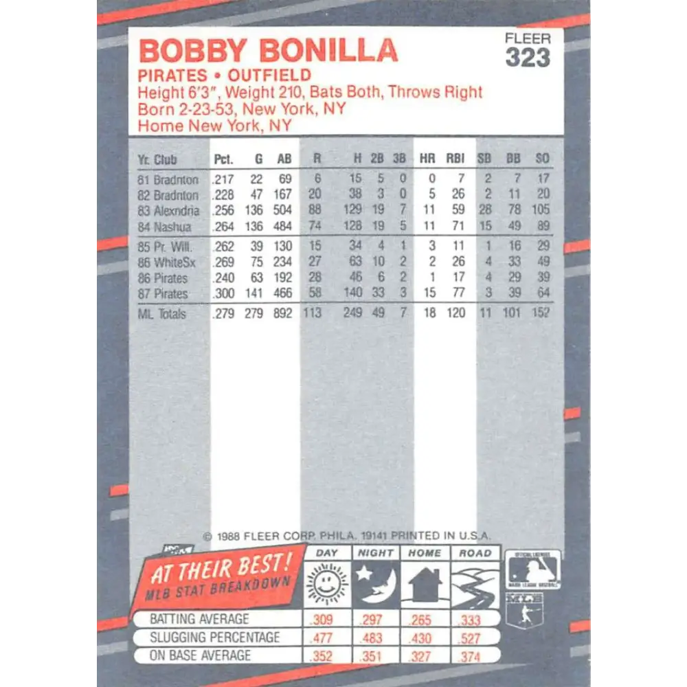 1988 Fleer #323 Bobby Bonilla EX Excellent Pittsburgh Pirates Baseball Card  Image 2