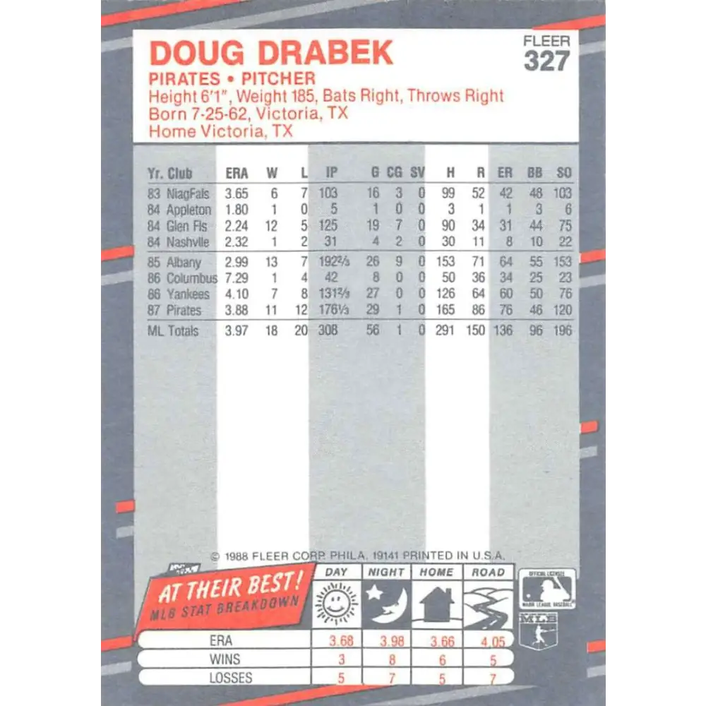 1988 Fleer #327 Doug Drabek EX Excellent Pittsburgh Pirates Baseball Card  Image 2