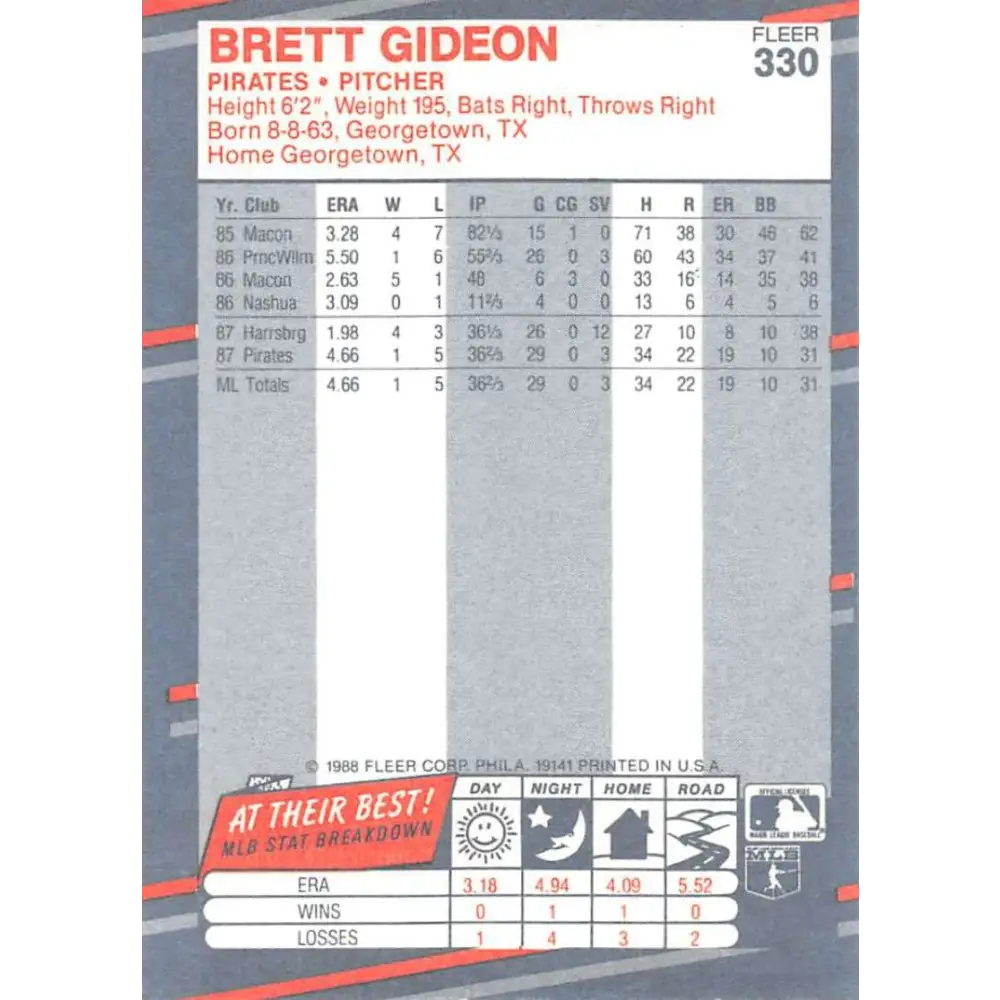 1988 Fleer #330 Brett Gideon EX Excellent RC Rookie Pittsburgh Pirates Baseball Card  Image 2
