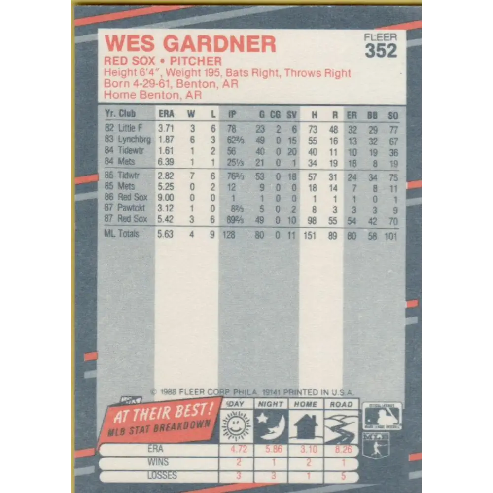 1988 Fleer #352 Wes Gardner EX Excellent RC Rookie Boston Red Sox Baseball Card  Image 2