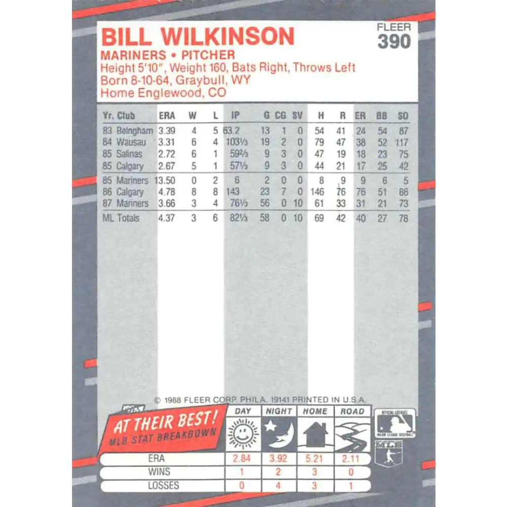 1988 Fleer #390 Bill Wilkinson EX Excellent Seattle Mariners Baseball Card  Image 2