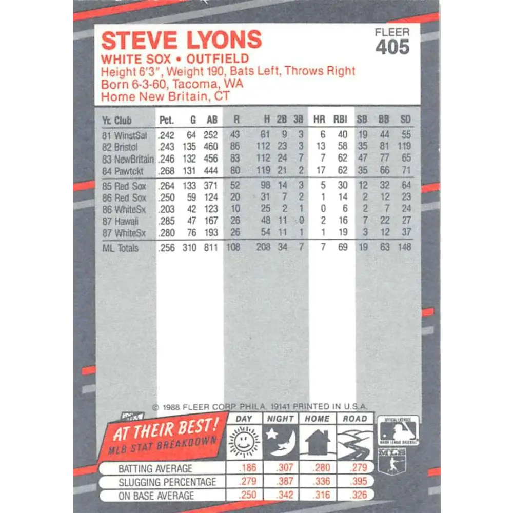 1988 Fleer #405 Steve Lyons EX Excellent Chicago White Sox Baseball Card  Image 2