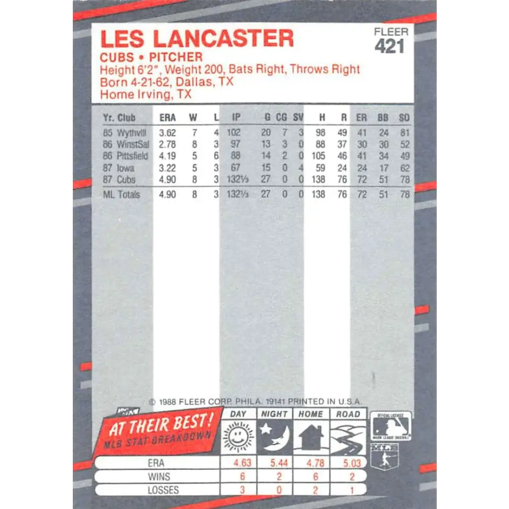 1988 Fleer #421 Les Lancaster EX Excellent RC Rookie Chicago Cubs Baseball Card  Image 2