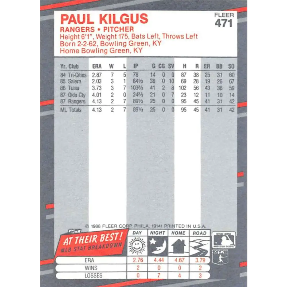 1988 Fleer #471 Paul Kilgus EX Excellent RC Rookie Texas Rangers Baseball Card  Image 2