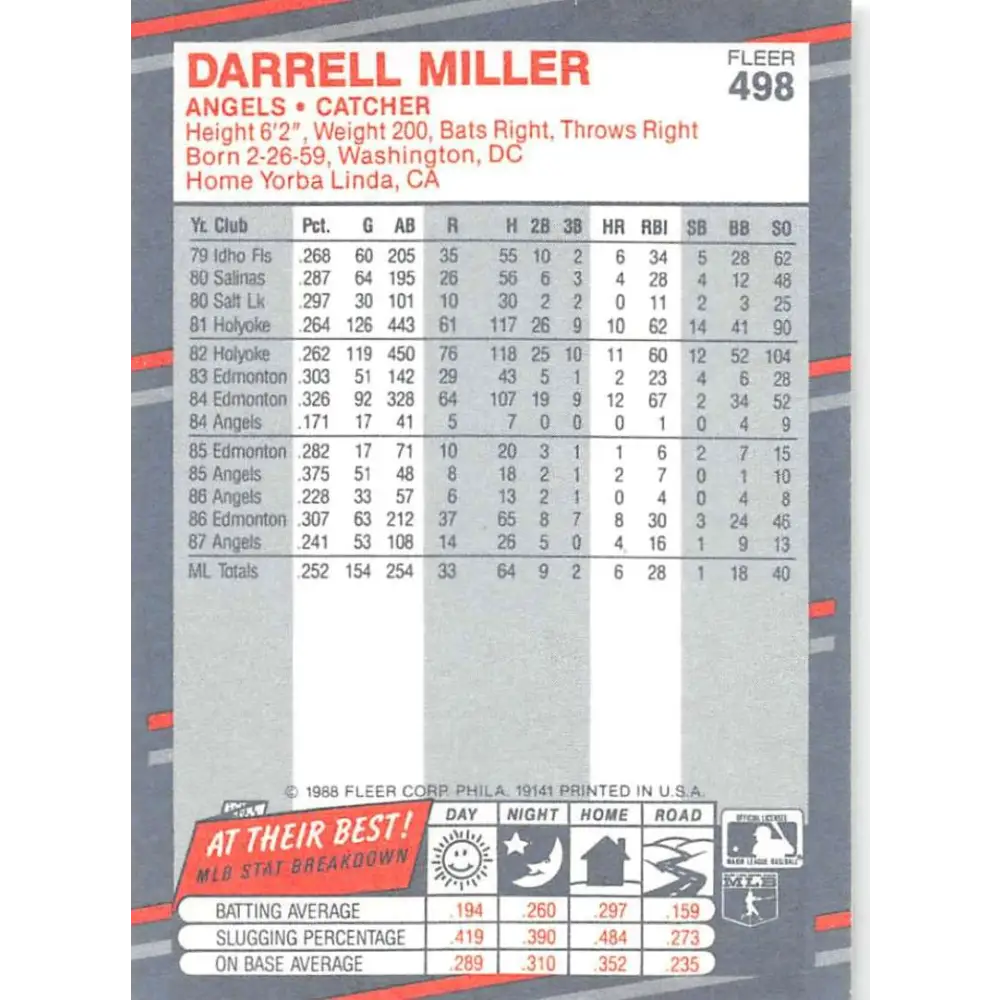 1988 Fleer #498 Darrell Miller EX Excellent California Angels Baseball Card  Image 2