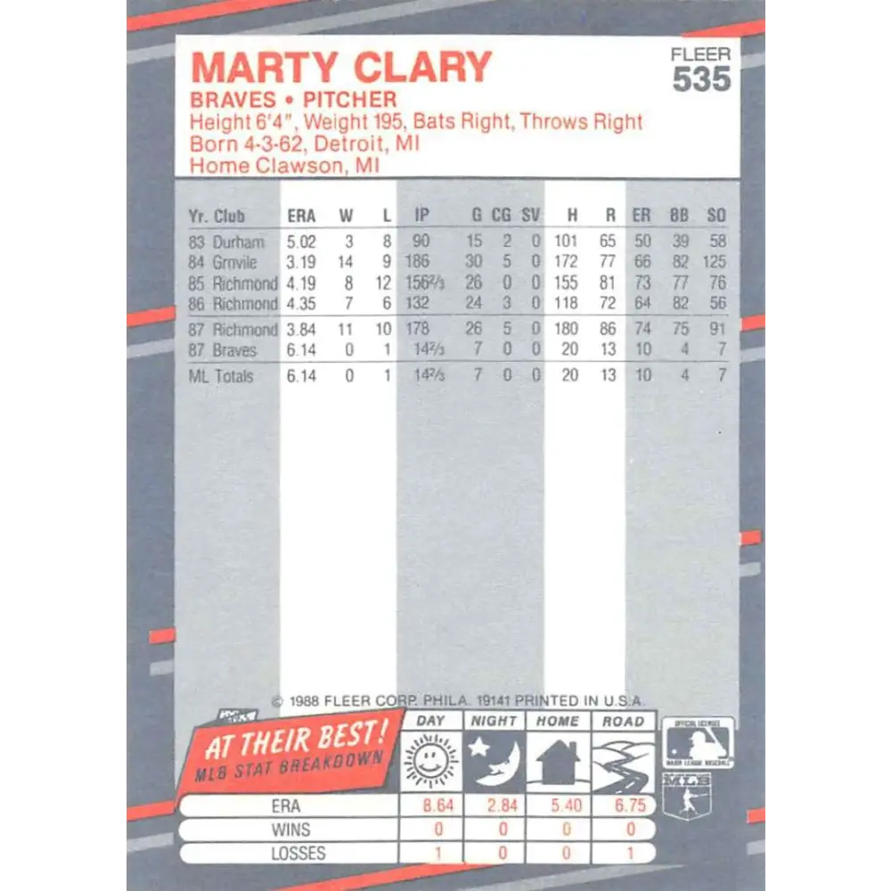 1988 Fleer #535 Marty Clary EX Excellent Atlanta Braves Baseball Card  Image 2