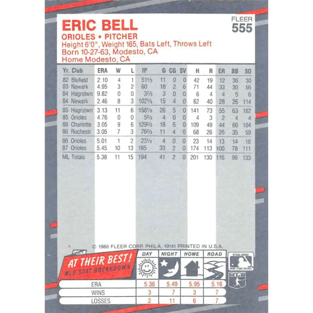 1988 Fleer #555 Eric Bell EX Excellent Baltimore Orioles Baseball Card  Image 2