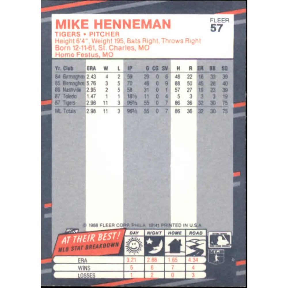 1988 Fleer #57 Mike Henneman EX Excellent RC Rookie Detroit Tigers Baseball Card  Image 2
