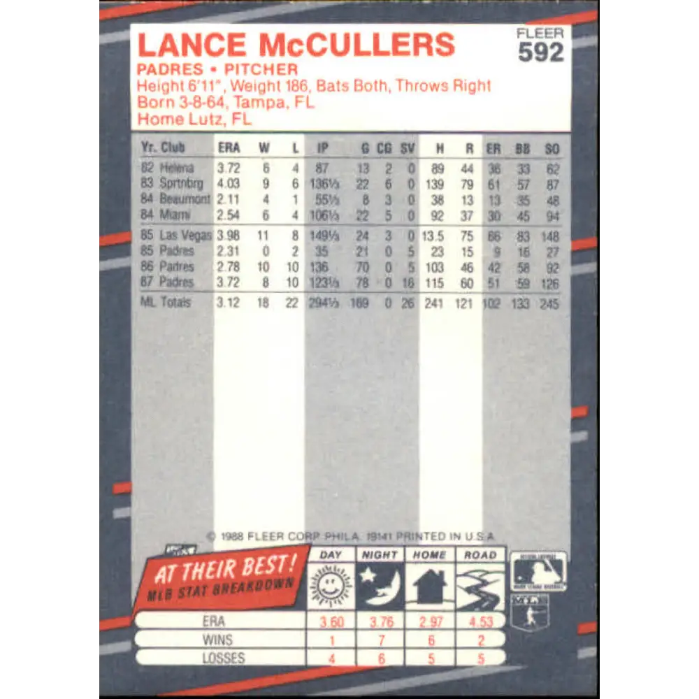 1988 Fleer #592 Lance McCullers EX Excellent San Diego Padres Baseball Card  Image 2