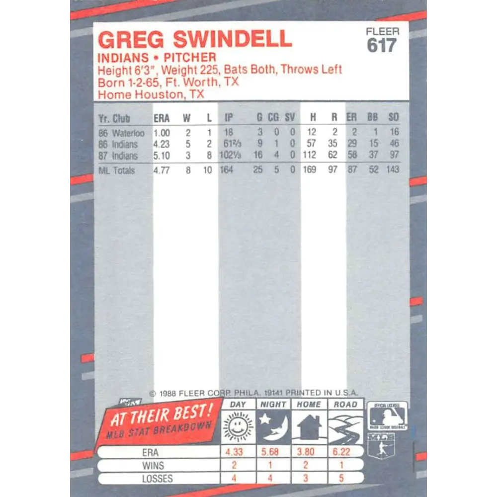 1988 Fleer #617 Greg Swindell EX Excellent Cleveland Indians Baseball Card  Image 2