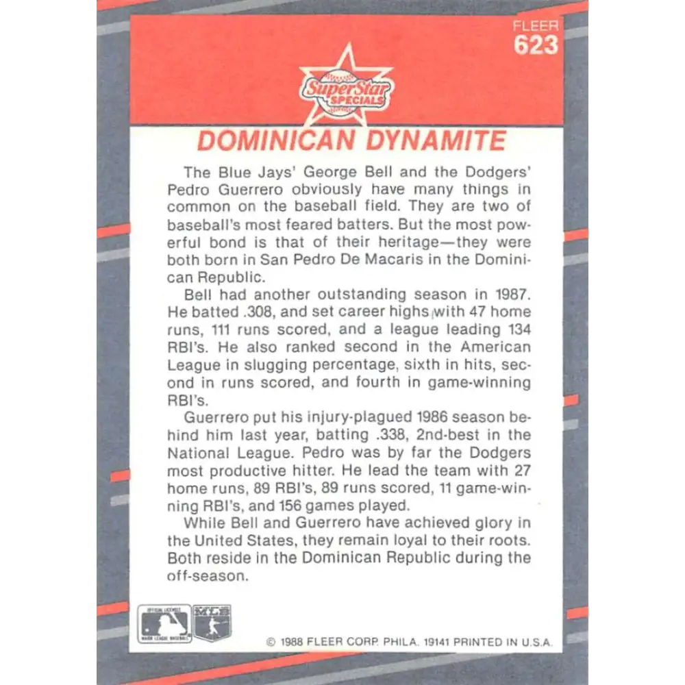 1988 Fleer #623 George Bell/Pedro Guerrero EX Excellent Toronto Blue Jays/Los Angeles Dodgers Baseball Card  Image 2