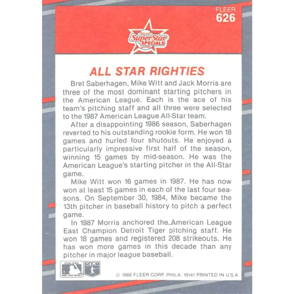 1988 Fleer #626 Brett Saberhagen/Mike Witt/Jack Morris EX Excellent Kansas City Royals/California Angels/Detroit Tigers Baseball Card  Image 2