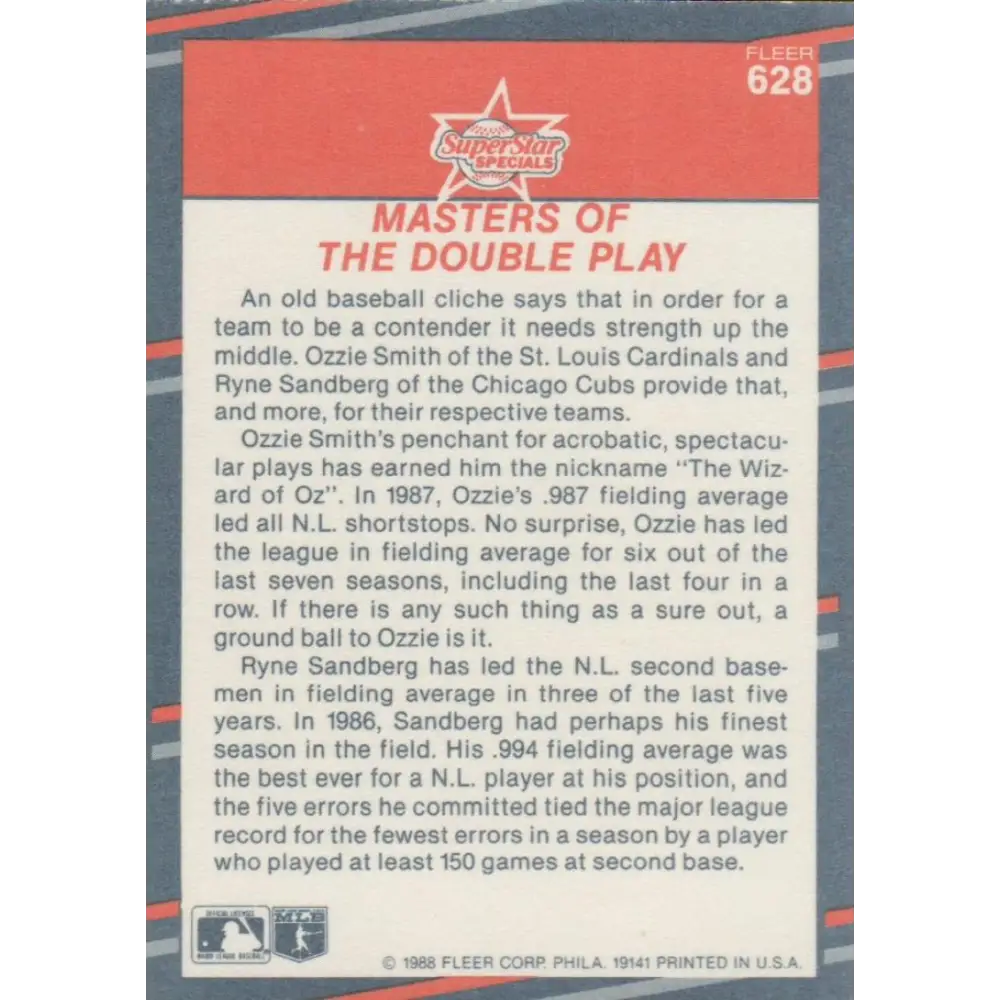1988 Fleer #628 Ozzie Smith/Ryne Sandberg EX Excellent St. Louis Cardinals/Chicago Cubs Baseball Card  Image 2