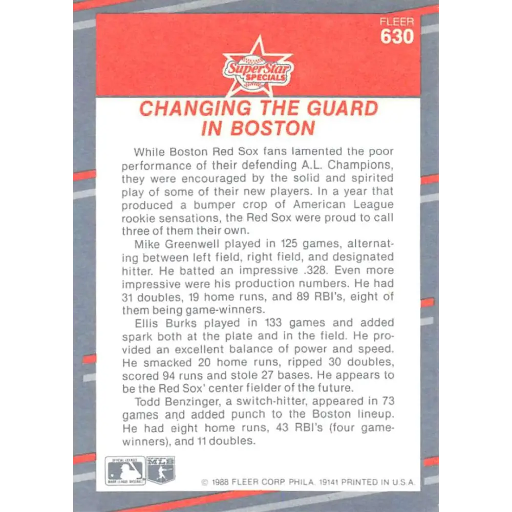 1988 Fleer #630 Mike Greenwell/Ellis Burks/Todd Benzinger EX Excellent Boston Red Sox Baseball Card  Image 2