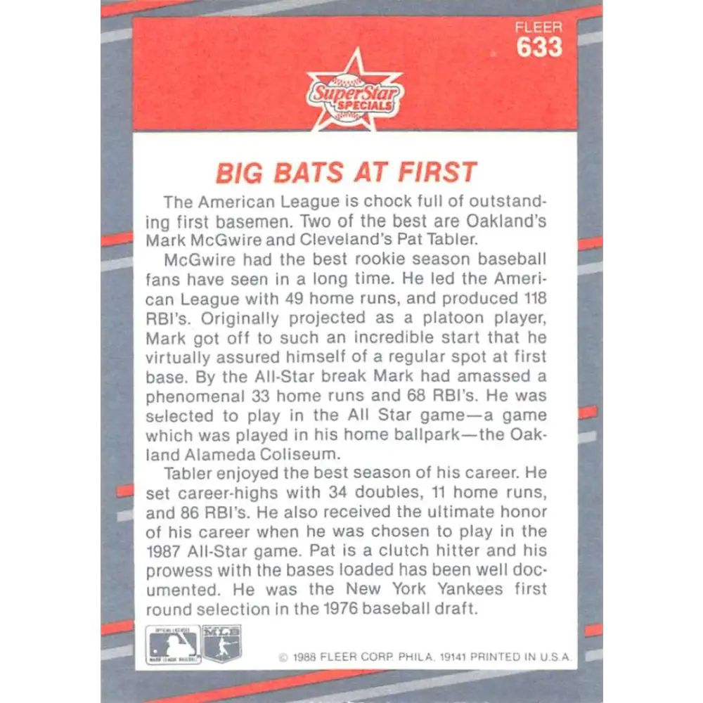 1988 Fleer #633 Pat Tabler/Mark McGwire EX Excellent Cleveland Indians/Oakland Athletics Baseball Card  Image 2