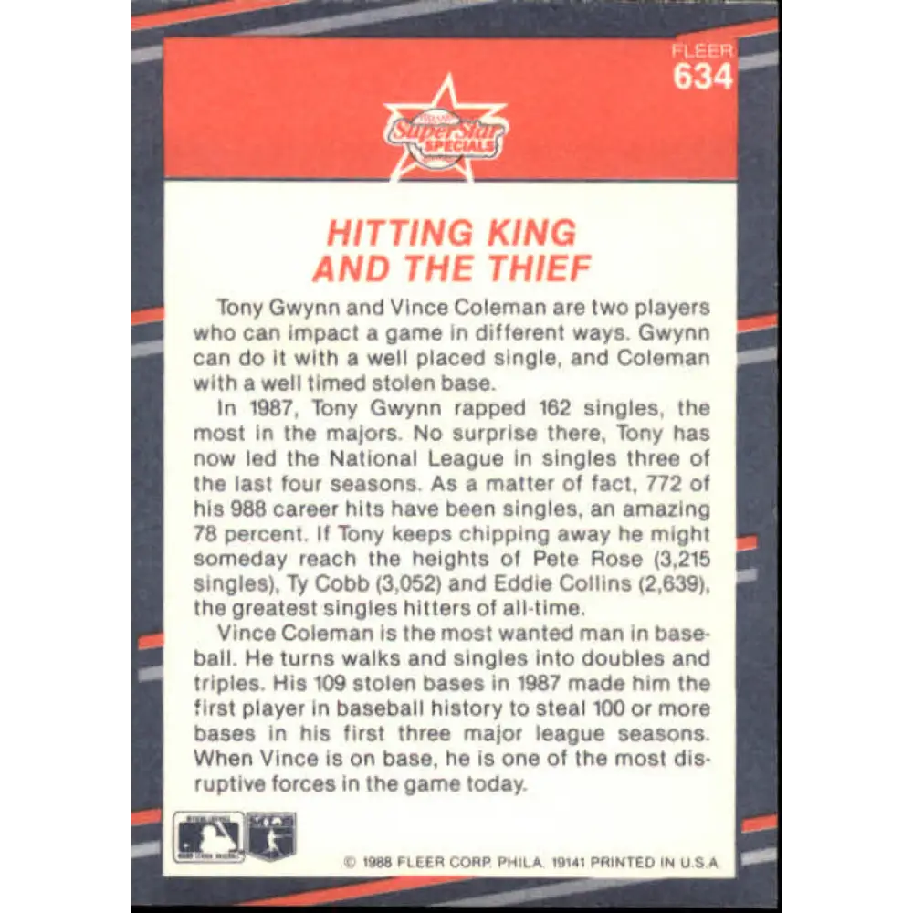 1988 Fleer #634 Tony Gwynn/Vince Coleman EX Excellent San Diego Padres/St. Louis Cardinals Baseball Card  Image 2