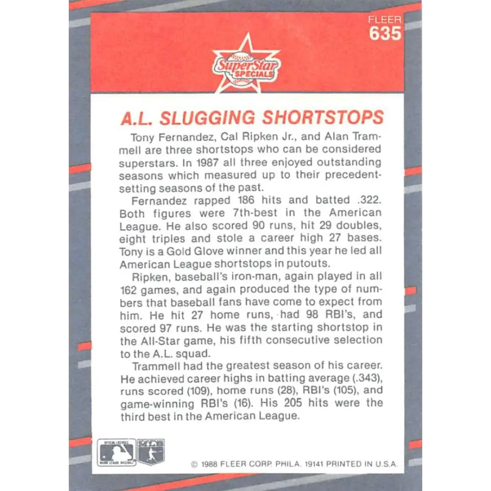 1988 Fleer #635 Tony Fernandez/Cal Ripken Jr./Alan Trammell EX Excellent Toronto Blue Jays/Baltimore Orioles/Detroit Tigers Baseball Card  Image 2