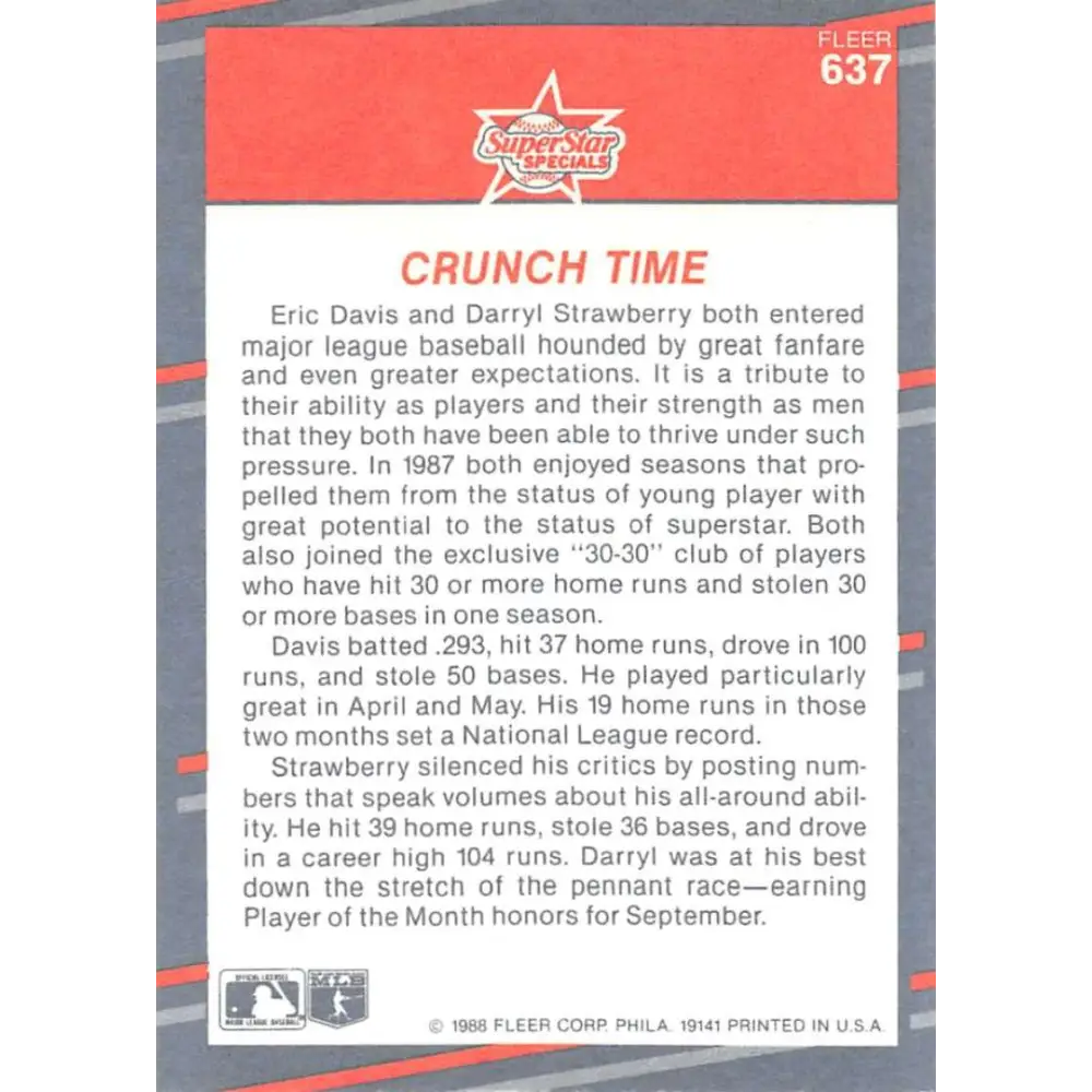 1988 Fleer #637 Strawberry/Eric Davis EX Excellent New York Mets/Cincinnati Reds Baseball Card  Image 2
