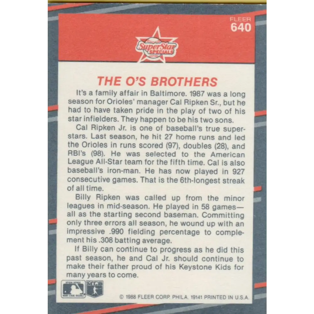 1988 Fleer #640 Billy Ripken/Cal Ripken Jr. EX Excellent Baltimore Orioles Baseball Card  Image 2