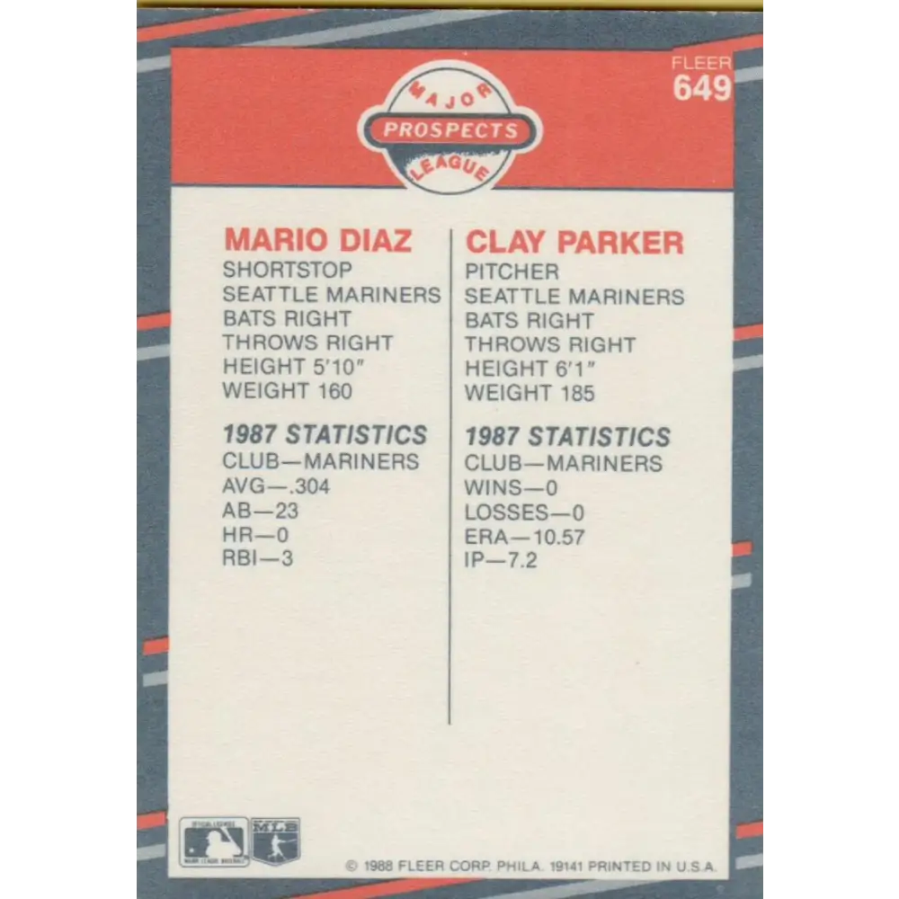 1988 Fleer #649 Mario Diaz/Clay Parker EX Excellent RC Rookie Seattle Mariners Baseball Card  Image 2