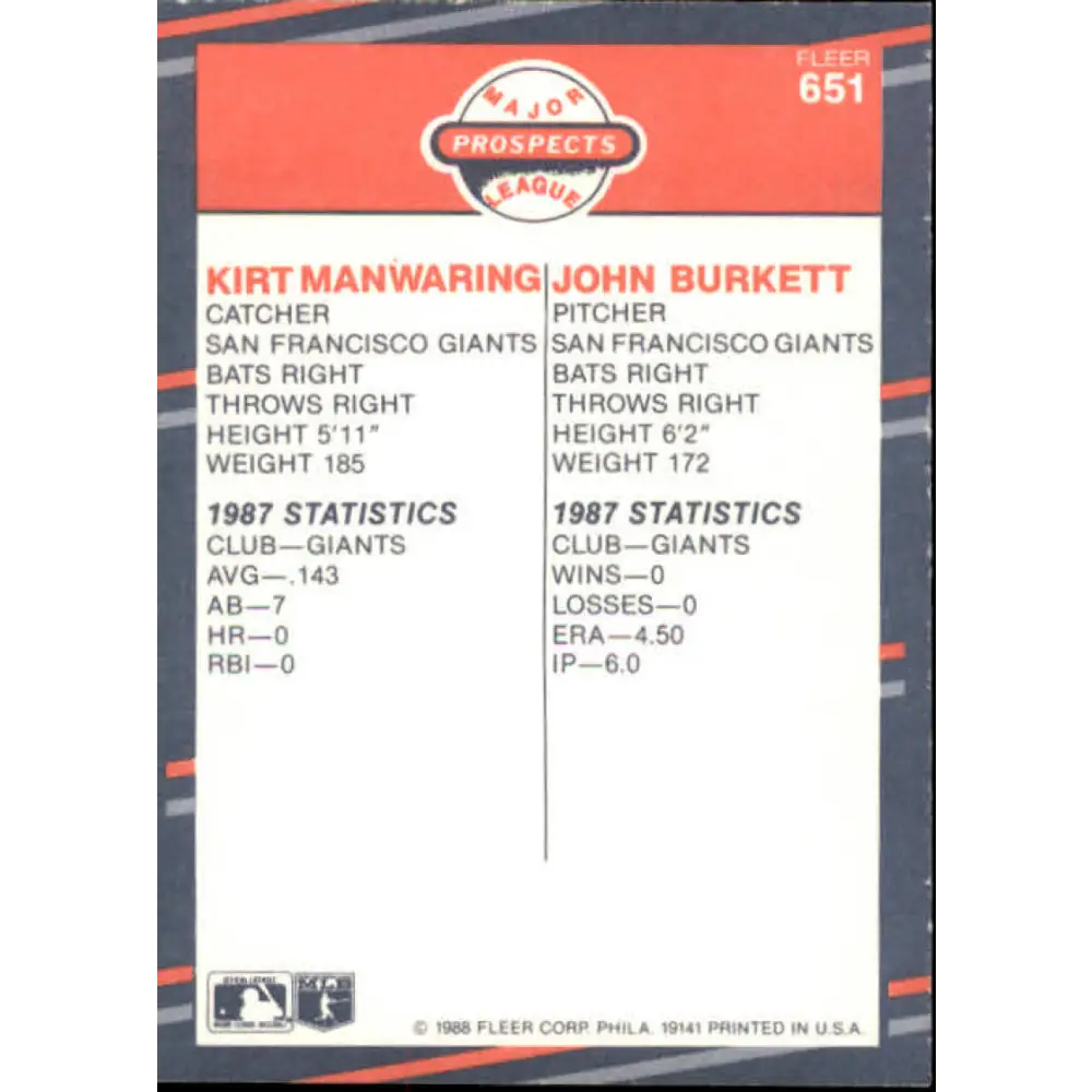 1988 Fleer #651 Kirt Manwaring/John Burkett EX Excellent RC Rookie San Francisco Giants Baseball Card  Image 2