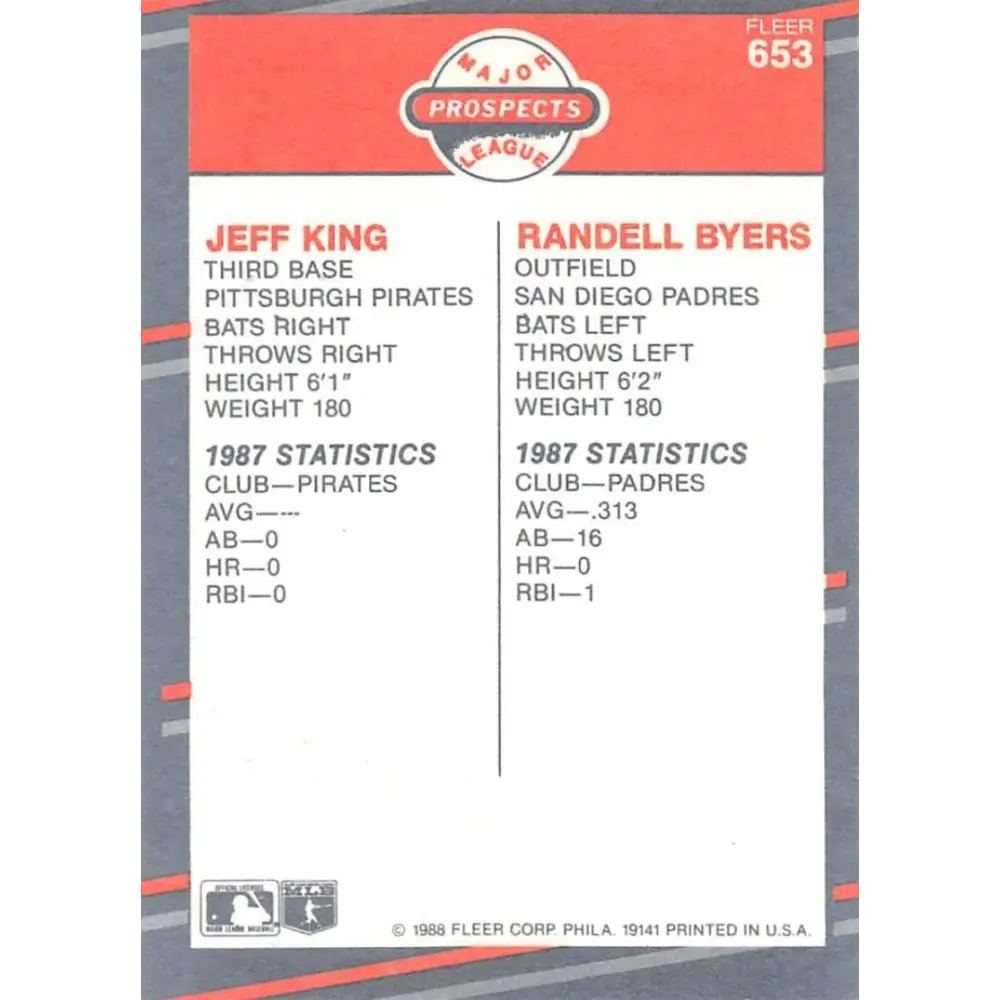 1988 Fleer #653 Jeff King/Randall Byers EX Excellent RC Rookie Pittsburgh Pirates/San Diego Padres Baseball Card  Image 2