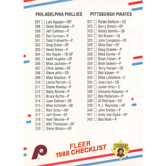 1988 Fleer #657 Checklist 4: Phillies/Pirates Red Sox/Mariners EX Excellent Philadelphia Phillies/Pittsburgh Pirates/Boston Red Sox/Seattle Mariners B Image 1