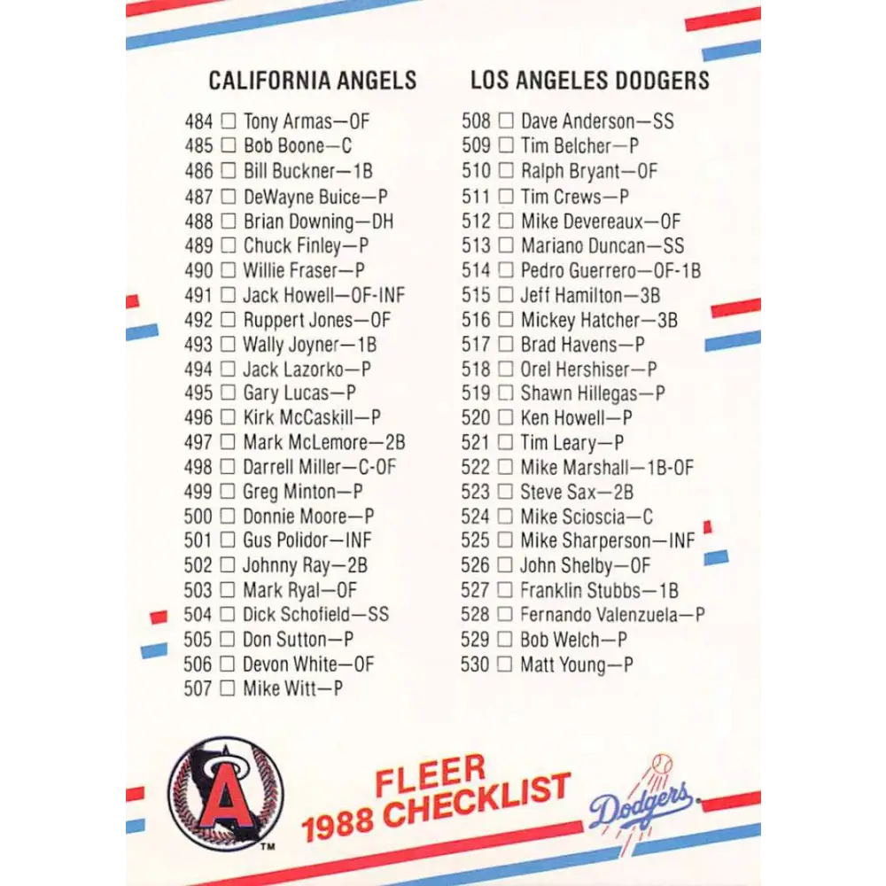 1988 Fleer #659 Checklist 6: Angles/Dodgers Braves/Orioles EX Excellent California Angles/Los Angeles Dodgers/Atlanta Braves/Baltimore Orioles Basebal Image 1